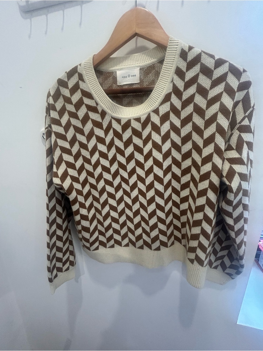 Geo-Pattern Crewneck Sweater in Brown & Cream - Women's